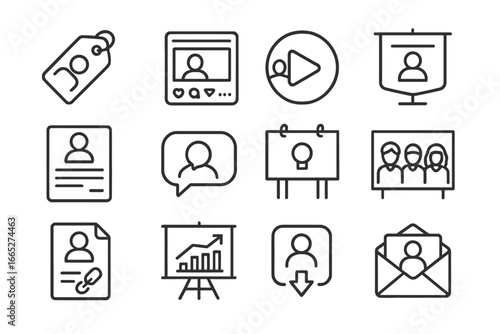 Recruitment Marketing Icons. Line style icons of recruitment marketing: employer branding tag, social job post icon, recruitment