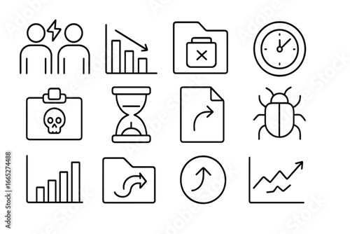 Startup Challenges Icons. Line style icons of early startup challenges: co-founder conflict icon, funding gap chart, market misfit