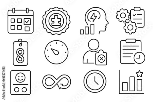 Neurodiversity Icon Collection. Line style icons of neurodiversity and mental care: ADHD planner icon, autism-friendly badge,