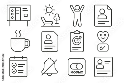 Remote Work Icons. Line style icons of remote work rituals: daily stand-up board, mid-day break icon, stretch pose, coffee refill