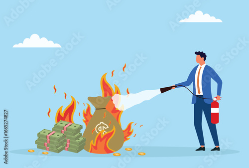 Vector illustration of a businessman using a fire extinguisher to put out the fire on his savings, symbolizing financial crisis management, risk control, and money protection
