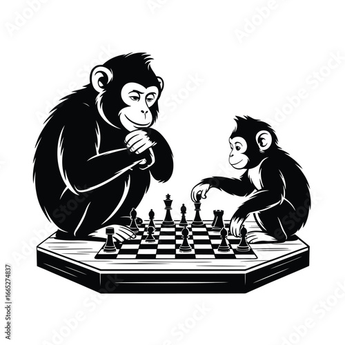 Two chimpanzees playing a game of chess on a board