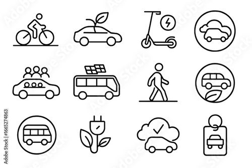 Eco Transport Icons. Line style icons of eco transport: bicycle lane icon, hybrid car symbol, electric scooter badge, low-emission