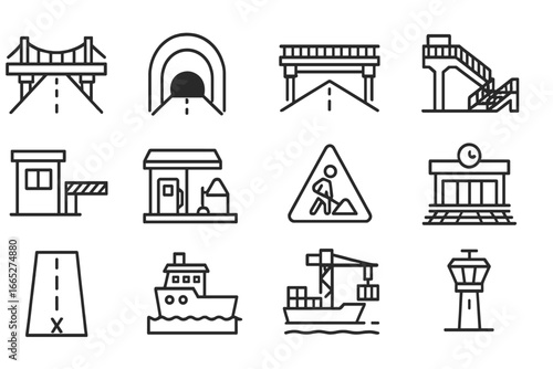 Transport Infrastructure Icons. Line style icons of transport infrastructure: highway bridge, tunnel entrance, overpass structure,