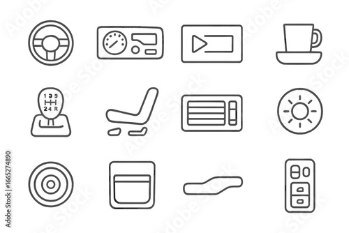 Vehicle Interior Icons. Line style icons of vehicle interior: steering column, dashboard console, infotainment screen, cup holder
