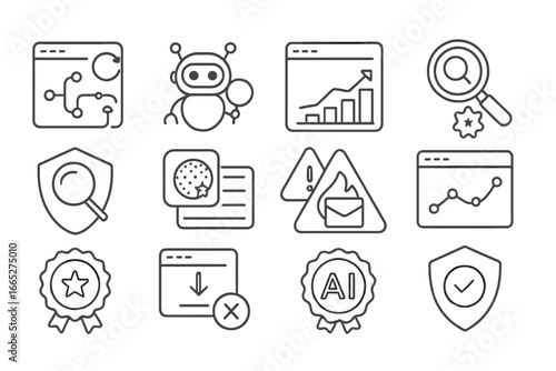 SEO Algorithm Icons. Line style icons of search engine algorithms: algorithm update icon, Google crawler bot, index priority chart