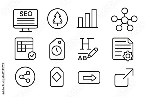 SEO Content Icons. Line style icons of content marketing for SEO: SEO blog icon, evergreen article badge, content pillar chart,