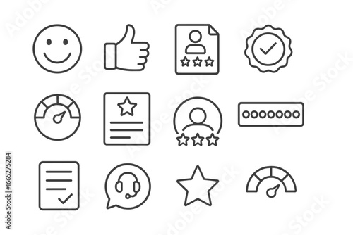 Customer Satisfaction Icons. Line style icons of customer satisfaction: smiley face rating, thumbs up icon, customer review file,