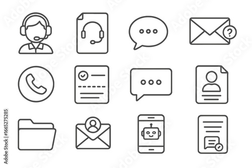 Customer Support Icons. Line style icons of customer support basics: headset agent icon, help desk file, chat support bubble,
