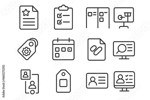 SEO Task Icons. Line style icons of SEO tasks and workflow: task priority file, daily SEO checklist, sprint board icon,