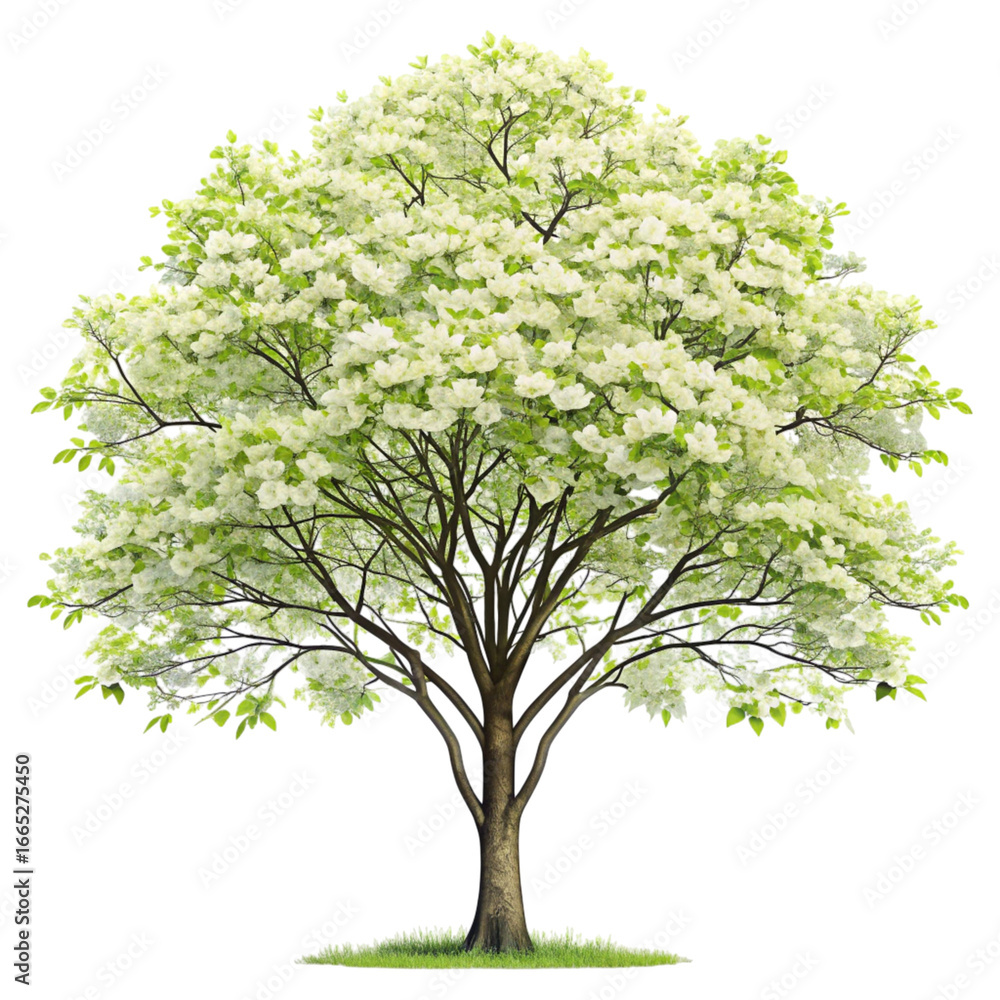 Obraz premium Flowering dogwood tree with white blossoms on transparent background for graphics use