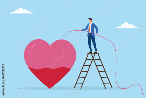 Vector illustration of a businessman standing on a ladder watering a large heart, symbolizing care, love, emotional growth, compassion, and nurturing relationships
