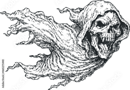 Detailed line art of a spectral entity with a skull face and tattered cloak