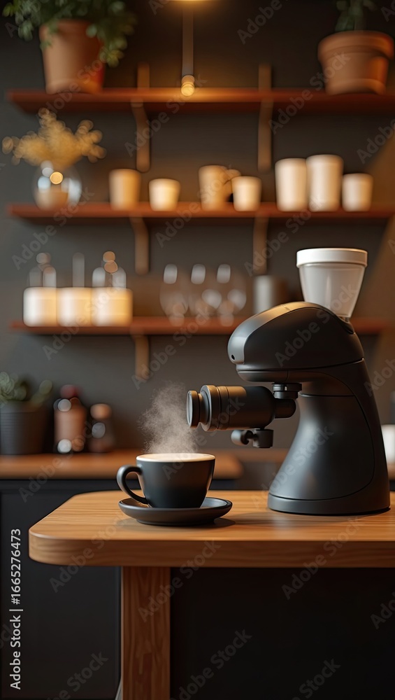 Obraz premium Steam rises from a modern coffee grinder dispensing coffee into a cup.