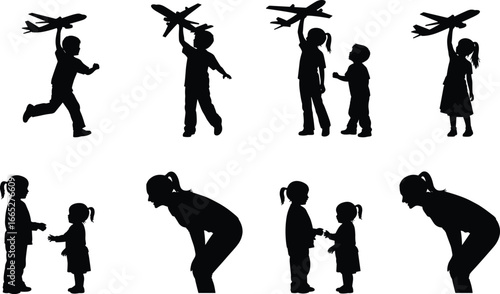 Children playing with toy airplanes silhouette set, adult-child interaction vector icons, imagination, guidance, nurturing, black family illustration graphic
