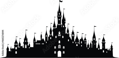 Fantasy castle silhouette, black vector icon with towers, spires, flags, arched windows, fairy tale architecture illustration, medieval graphic design