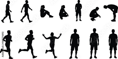 Human silhouette icon set, black vector poses, walking, sitting, squatting, running, jumping, standing, motion posture illustration