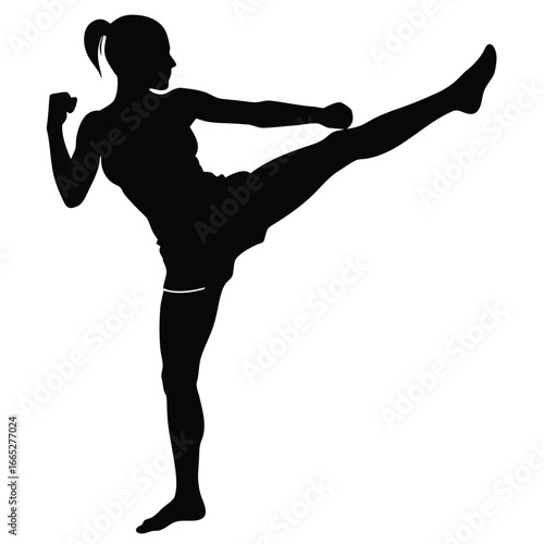 Female fighter performing high kick silhouette muay thai