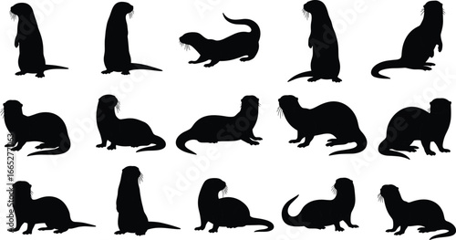 Otter silhouette icon set, black vector animal poses, standing, sitting, lying, motion, wildlife illustration, mammal shape graphic