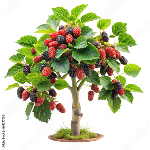 Mulberry Tree with Red and Black Berries on Transparent Background, Lush Green Leaves