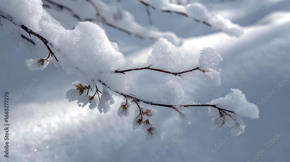 Obraz premium Snow-covered branch with delicate flowers under soft winter light in a serene landscape
