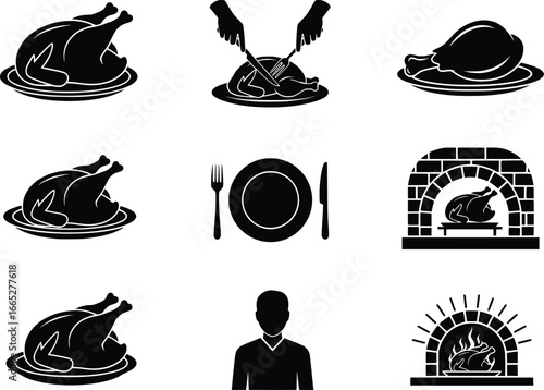 Collection of roasted chicken and dining icon silhouettes for culinary themes