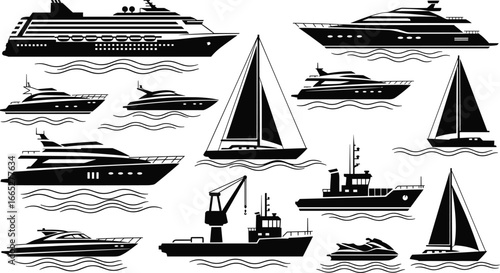 Watercraft silhouette icon set, black and white vector boats, sailboats, yachts, ships, maritime vessels, sea transport illustration