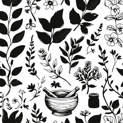 Medicinal herb and botanical elements, doodle style, hand drawn, simple vector art for herbal cosmetics, essential oils, natural remedies packaging 2