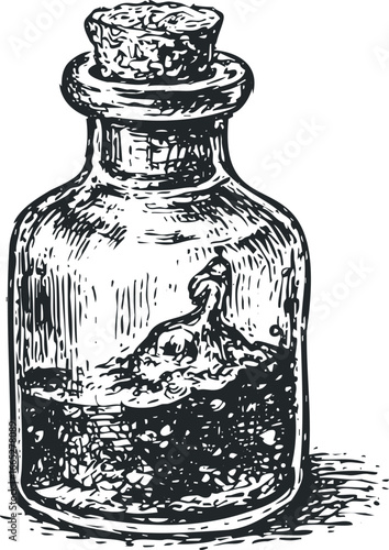 Vintage glass bottle filled with dark liquid and cork stopper