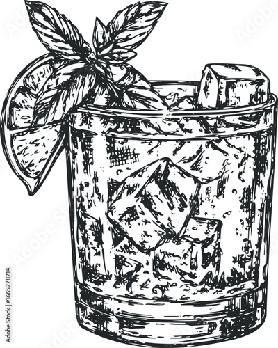 Hand drawn sketch of a refreshing iced beverage with citrus garnish and mint leaves