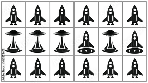 Spacecraft and flying saucer icons rocket spaceship