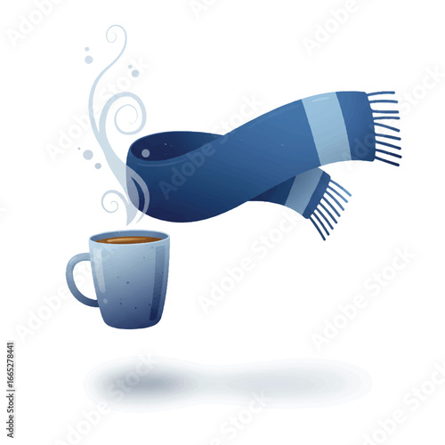 A cozy winter scarf with smooth gradient colors elegantly wraps around a steaming ceramic mug, floating gracefully against a clean white background in this charming vector illustration.