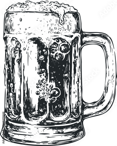 Hand-drawn Sketch of a Frothy Beer Mug Overflowing with Foam