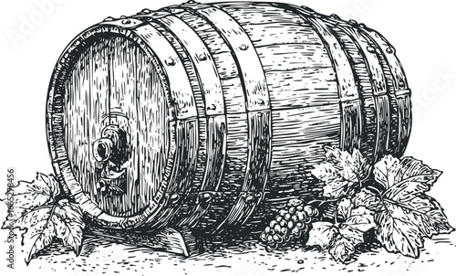 Vintage wooden barrel with metal hoops and grape vine leaves