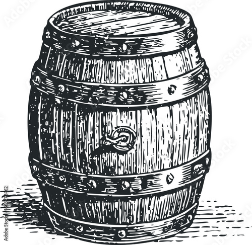 Vintage Wooden Barrel with Metal Bands and Tap