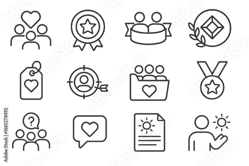 Customer Service Icons. Line style icons of customer service culture: team support heart icon, service excellence badge,