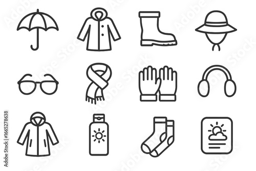 Weather Gear Icons. Line style icons of weather protection gear: umbrella icon, raincoat, waterproof boots, sun hat, sunglasses,