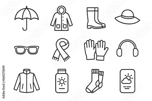 Weather Gear Icons. Line style icons of weather protection gear: umbrella icon, raincoat, waterproof boots, sun hat, sunglasses,