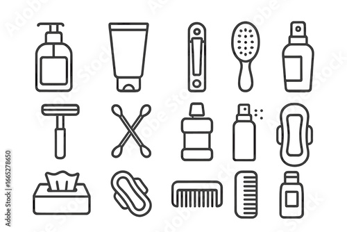 Personal Hygiene Icons. Line style icons of personal hygiene items: hand soap bottle, face wash tube, nail clipper, hairbrush,