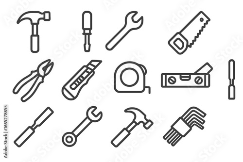 Construction Tools Icons. Line style icons of basic construction tools: hammer icon, screwdriver, wrench tool, handsaw, pliers