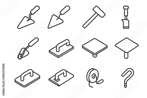 Masonry Tools Icons. Line style icons of masonry tools: brick trowel, pointing trowel, masonry hammer, block chisel, joint raker,