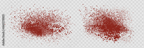 Red pepper powder. Paprika spice splatters on transparent background. Grainy scatterings of paprika or chilli spice. Vector realistic illustration. Eps 10