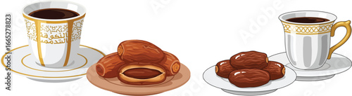 Two cups of coffee served with dates; traditional Middle Eastern hospitality.