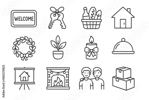 Housewarming Icons. Line style icons of housewarming party: welcome mat, keys with ribbon, gift basket, new home icon, door wreath