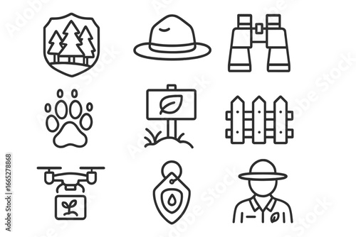 Nature Conservation Icons. Line style icons of nature conservation: protected forest, ranger hat, binoculars icon, animal track,
