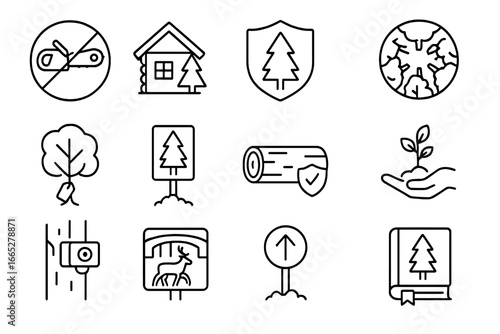 Forest Conservation Icons. Line style icons of forest protection: chainsaw banned, ranger cabin, tree badge, canopy view, tree ID