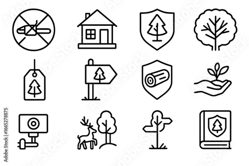 Forest Conservation Icons. Line style icons of forest protection: chainsaw banned, ranger cabin, tree badge, canopy view, tree ID