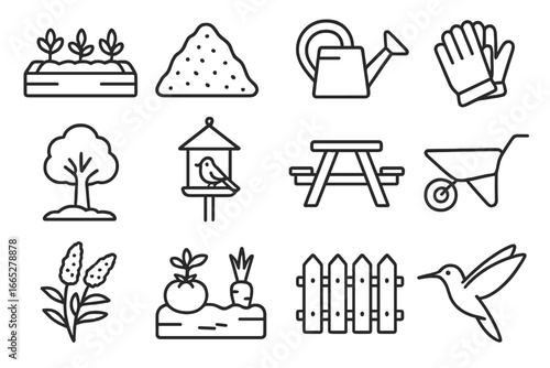 Garden and Backyard Icons. Line style icons of garden and backyard nature: garden bed, compost pile, watering can, garden gloves,