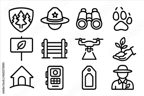 Nature Conservation Icons. Line style icons of nature conservation: protected forest, ranger hat, binoculars icon, animal track,