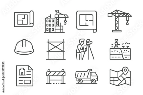 Construction Element Icons. Line style icons of construction and development: blueprint icon, building under construction,